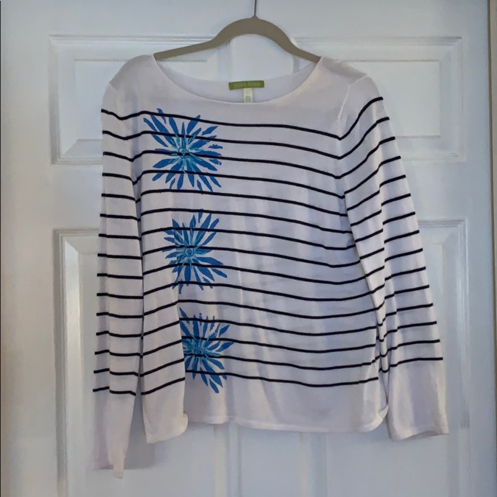 Black and White Stripped Shirt with Blue Flowers